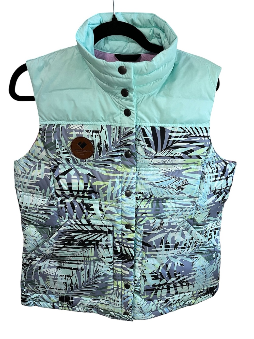 Obermeyer Mila Down Vest Leilani Pattern Mint Lavender Tropical Print Size Large